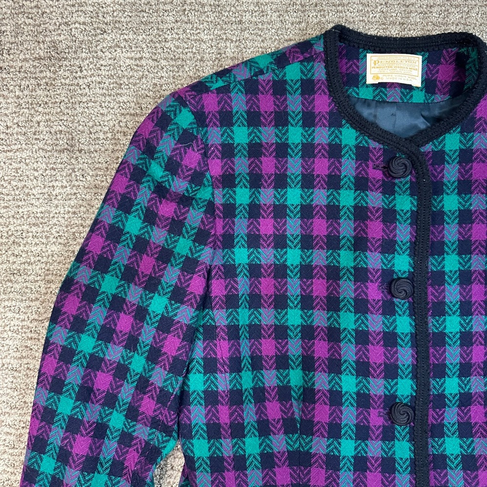 Vintage Pendleton Wool Blazer Jacket Purple Teal Check Plaid Collarless USA 100% - Picture 3 of 8